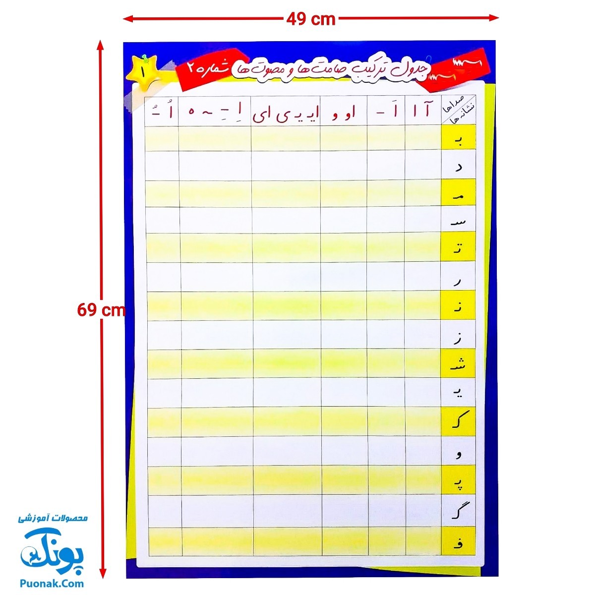 لوح پوستر جدول ترکیب صامت ها و مصوت‌ها ۲ کلاسی ویژه معلم وایت بردی دو رو نشر استادیار