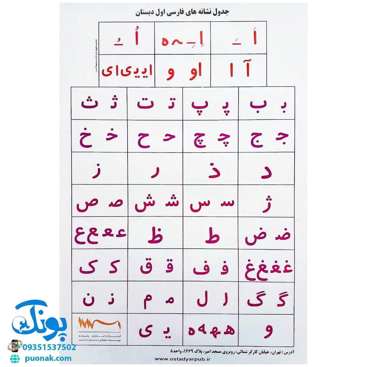 لوح پوستر جدول نشانه های فارسی اول دبستان کلاسی ویژه معلم نشر استادیار - پونک