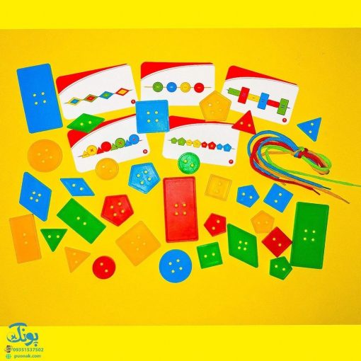 بازی نخ و دکمه رنگی رنگی قلقلک (۴ عدد نخ رنگی، ۴۸ دکمه رنگی و ۱۰ کارت الگو)