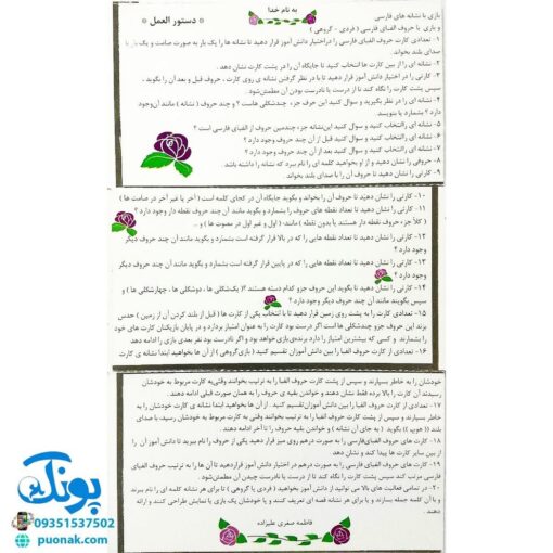 فلش کارت بازی با نشانه های فارسی و بازی با حروف الفبای فارسی فردی و گروهی (۳۹ کارت تصویری پشت رو)