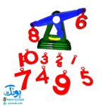 بازی فکری ترازوی حسابگر به همراه دو سری اعداد ۱ تا ۱۰ لاتین (آموزش اعداد بزرگتر و کوچکتر اصل تعادل)