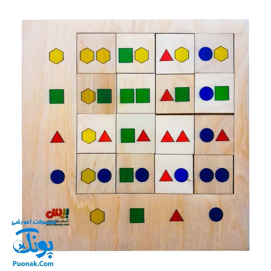 جورچین چوبی آموزش مفاهیم الگویابی، تطابق و شناخت رنگ ها و اشکال هندسی به کودکان مدل بیس (۱۶ قطعه ۲۱*۲۱ cm)