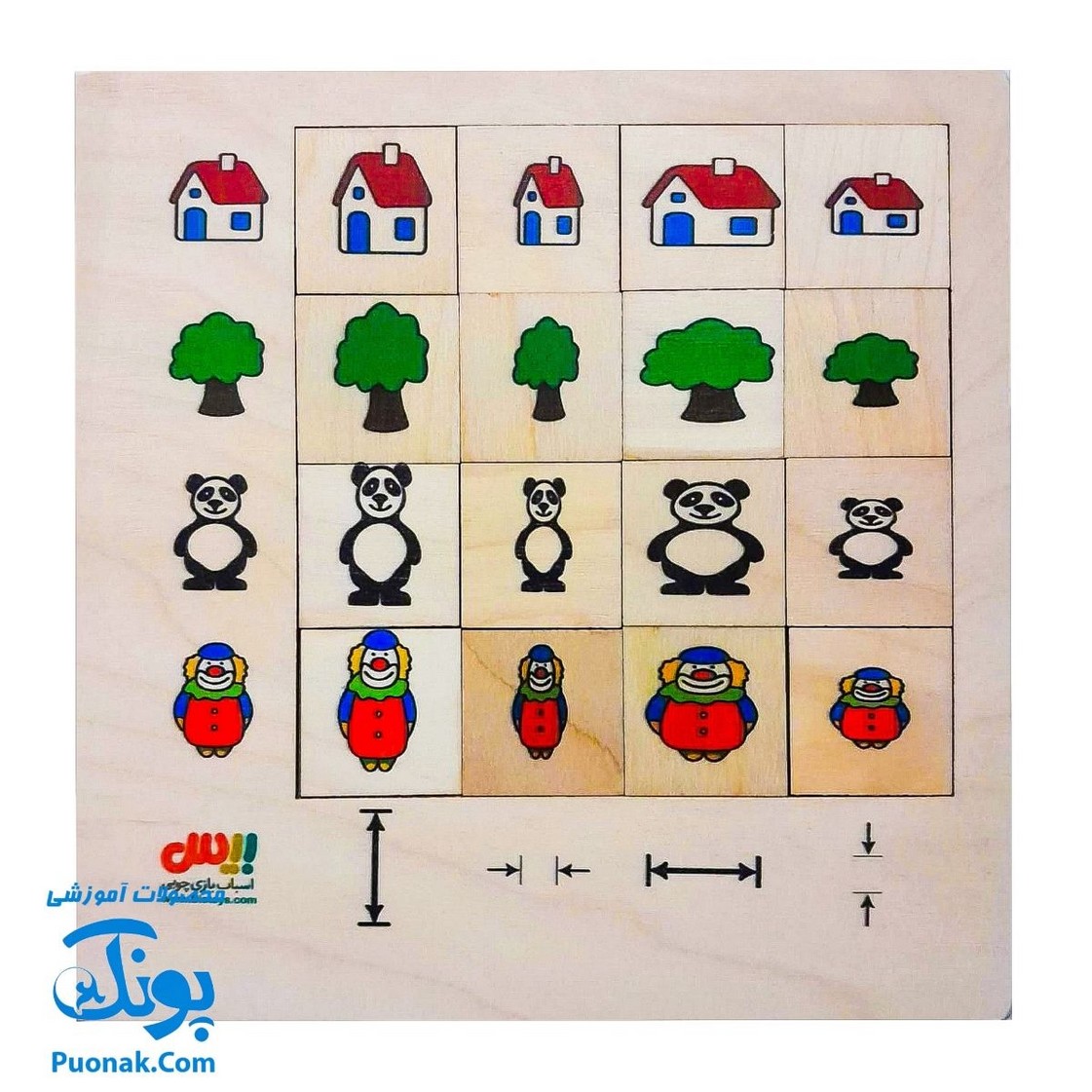 جورچین چوبی آموزش مفاهیم شکل ها و اندازه های طول، عرض، ارتفاع به کودکان مدل بیس