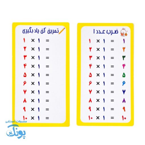 کارت آموزش ضرب و تمرین (۱۰ برگ ضرب ۱ تا ۱۰)