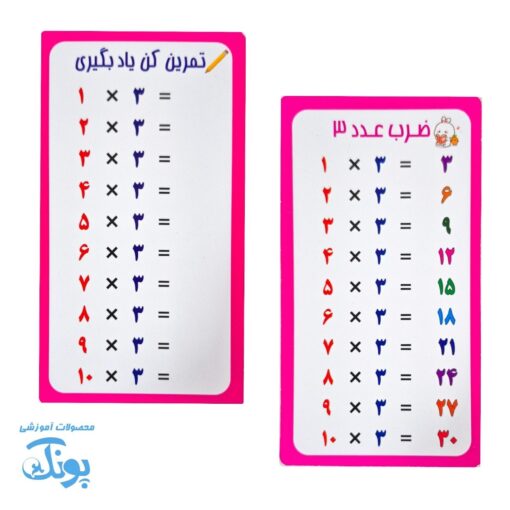 کارت آموزش ضرب و تمرین (۱۰ برگ ضرب ۱ تا ۱۰)