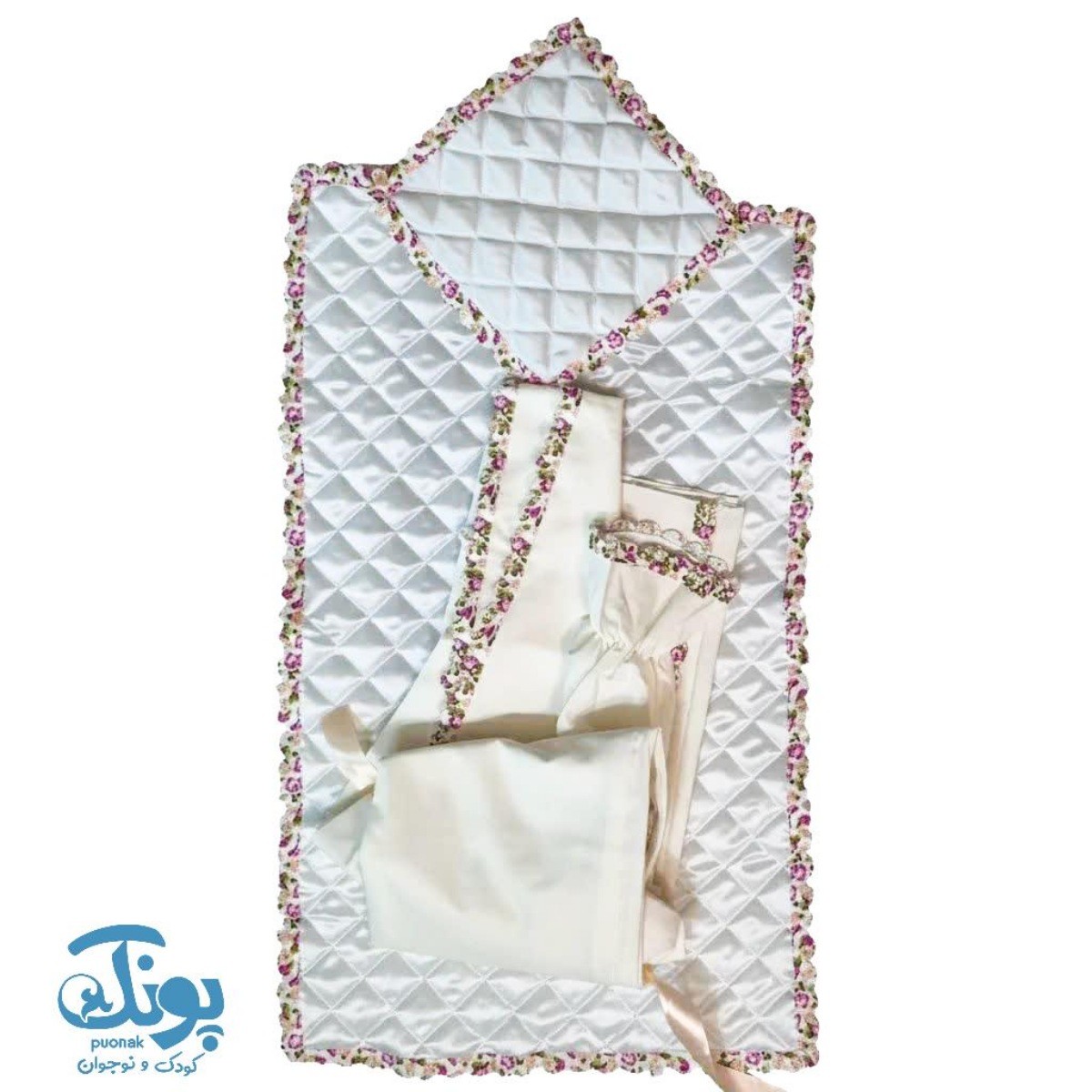 پک جشن تکلیف چادر حاشیه گلدار با کیف کرمی پاپیون دار